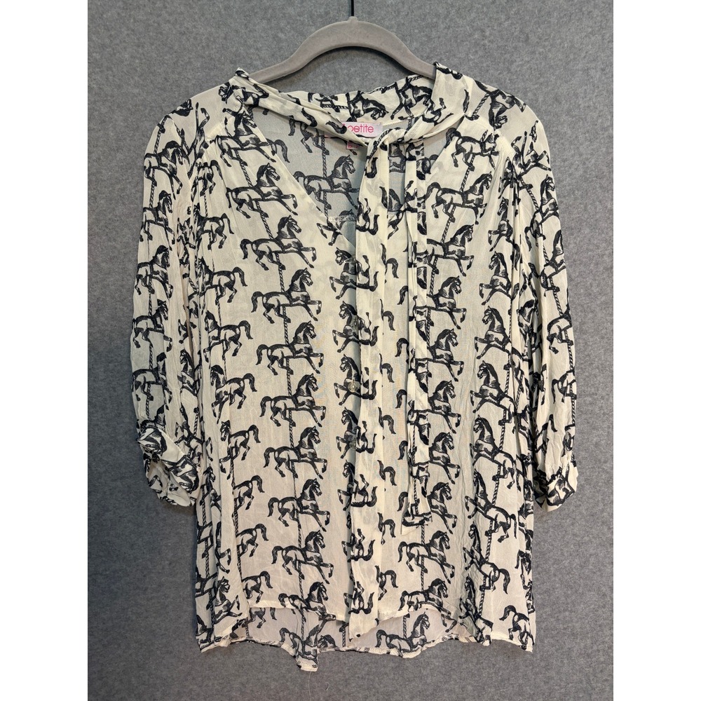 ASOS Petite Horse Print Blouse Women's US 2 Tie Neck‎ Equestrian Preppy Chic